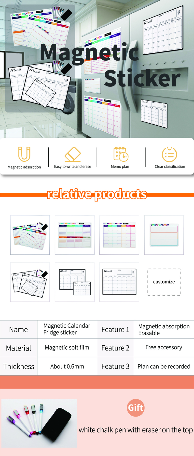 Customized PET Lamination Amazon Hot Selling Whiteboard Fridge Sticker Erasable Magnetic Refrigerator Sticker
