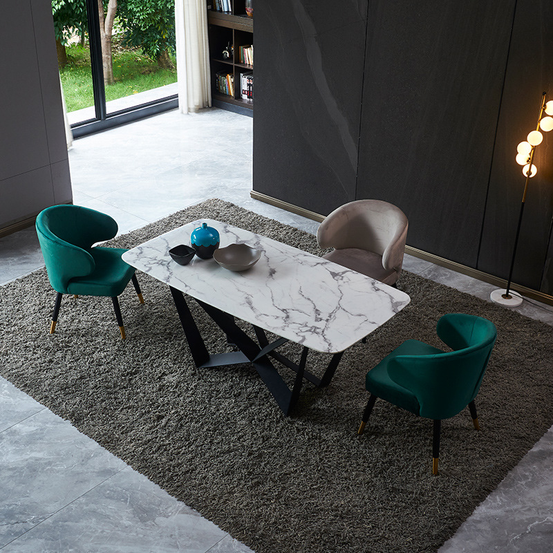 high end luxury dining table modern marble top metal steel restaurant tables long shape with 6 chairs dining room furniture set