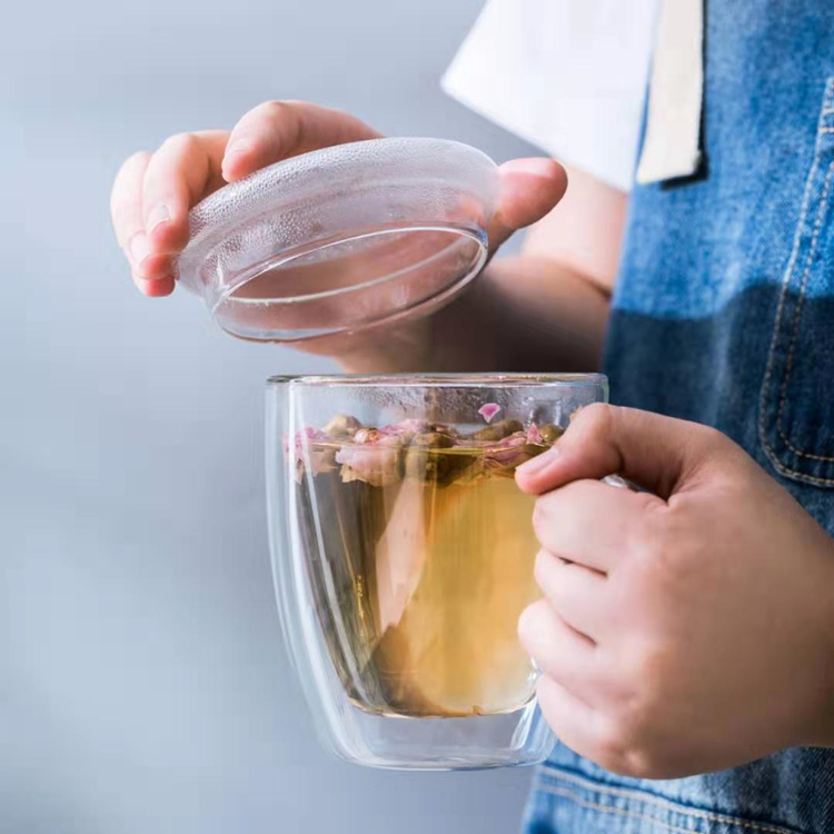 Double Wall Glass Tea Cup With Cover Juice Mug High Borosilicate