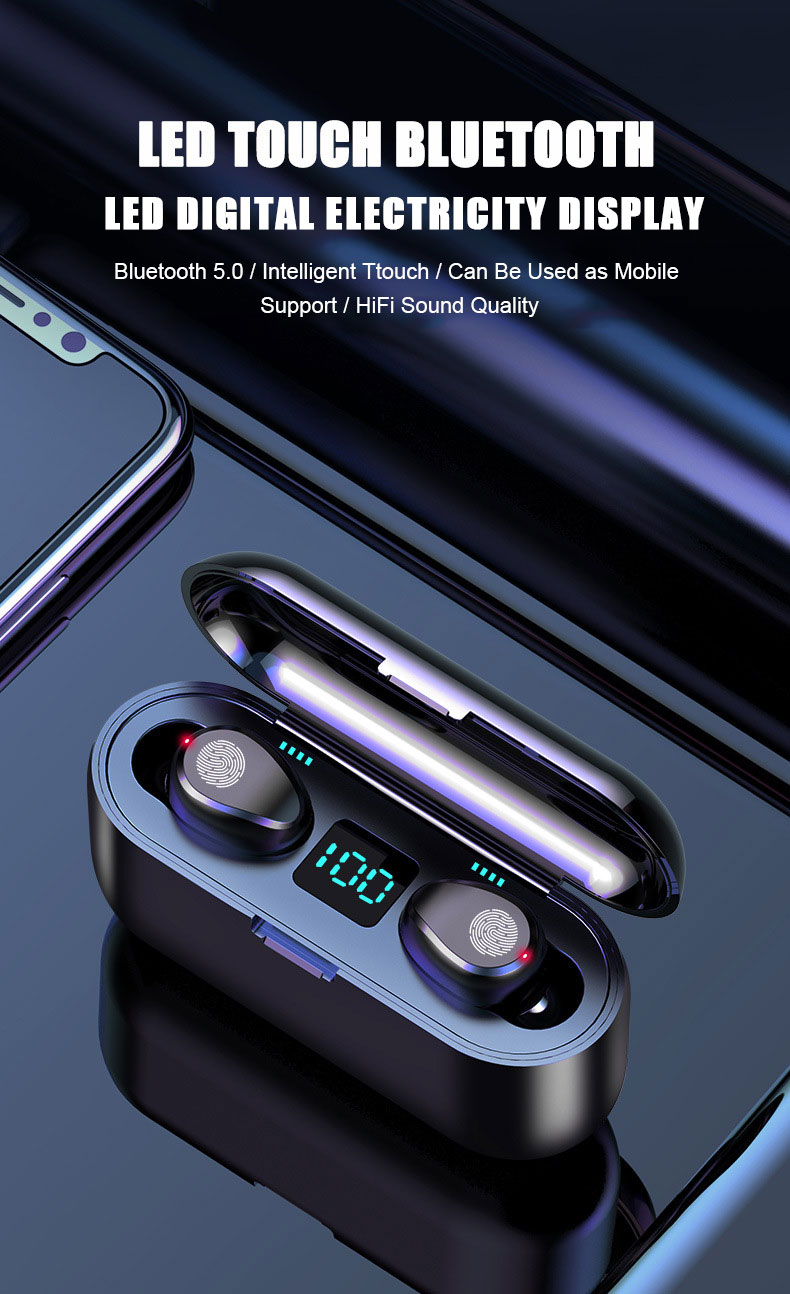 GlobalCrown F9 TWS Wireless Bluetooth 5.0 Headphones Touch Headphones With 2000mAh Power Bank