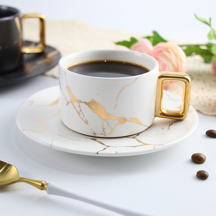 Marble european black marble tea water cup ceramic coffee cup set with saucer