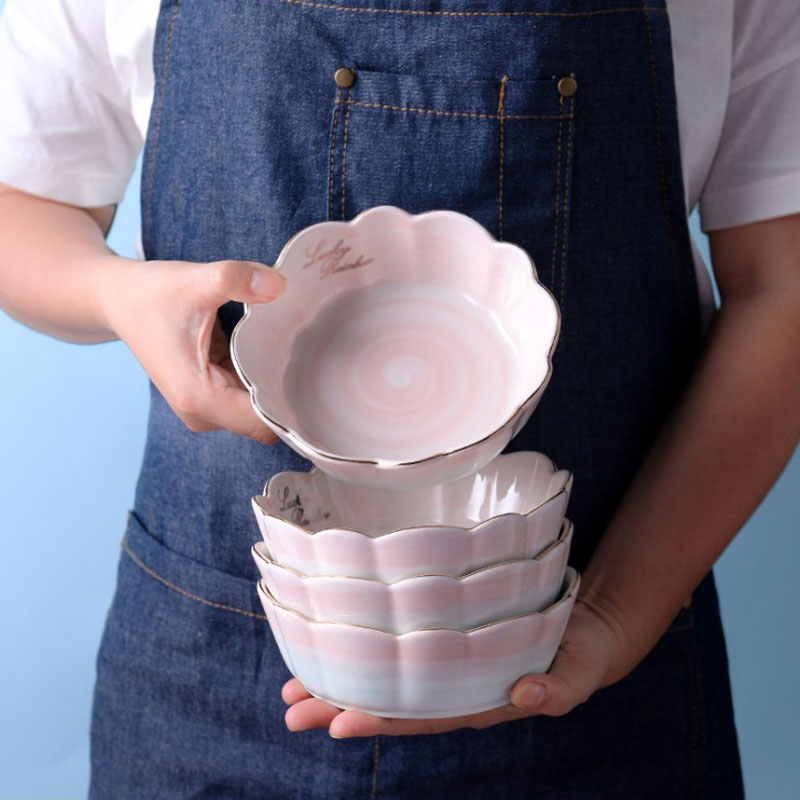 Household Deep Dish Pink Flower Shape Ceramic Soup Rice Salad Fruit Bowl