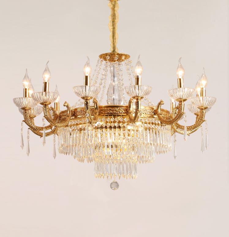 Pure copper french style gold chandelier pendant lighting with K9 crystal for villa decoration