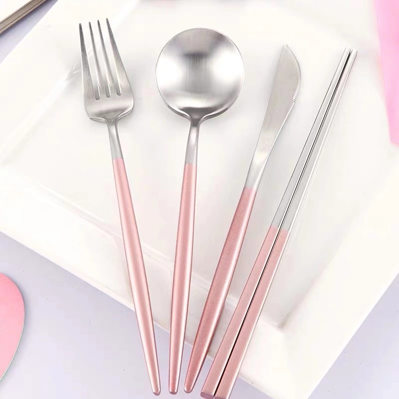 Round handle pink silver ware Matte Flatware set Hotel Restaurant Party Hot Selling Amazon