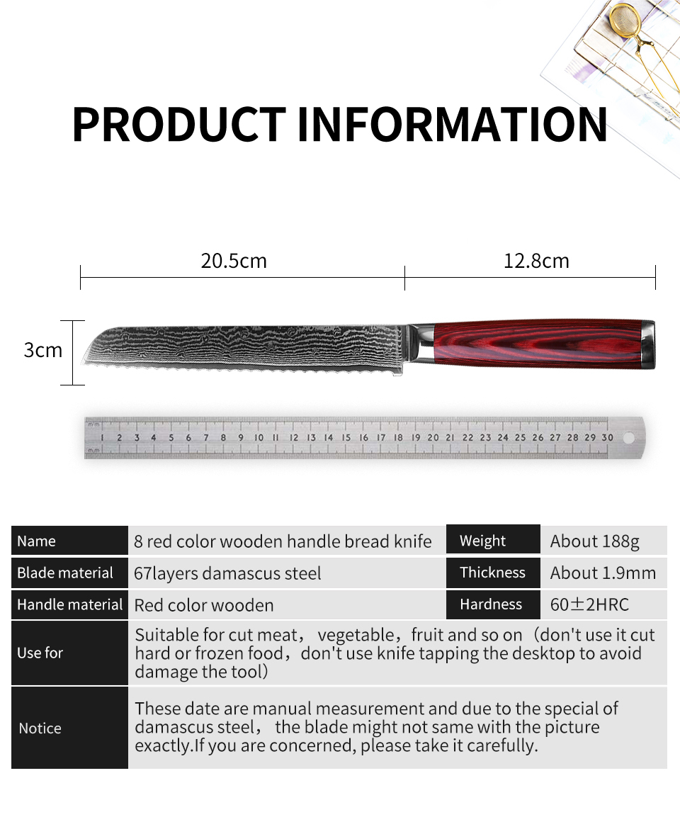 FINDKING Red color wood handle bread knife in 67 layers damascus steel bread knife
