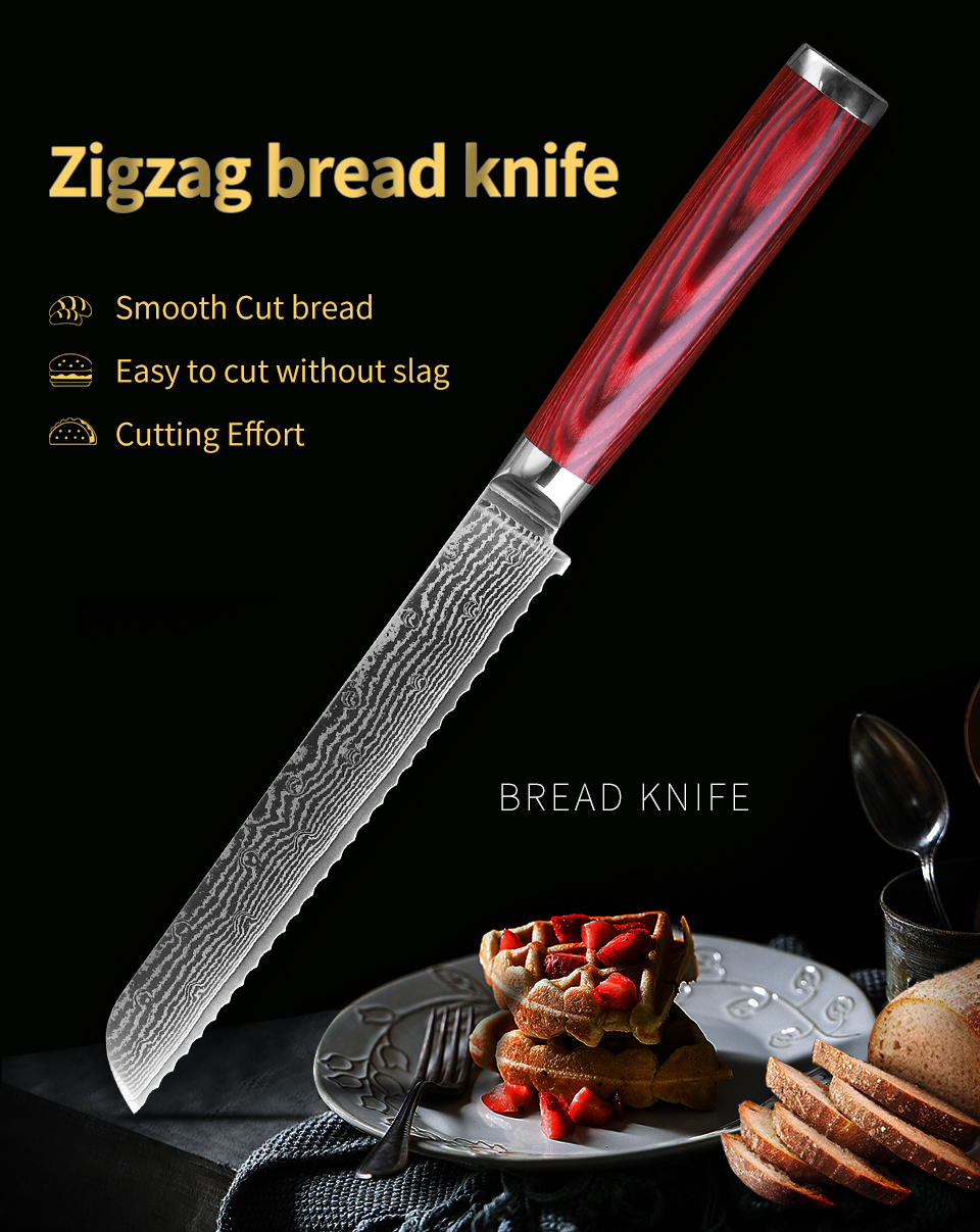 FINDKING Red color wood handle bread knife in 67 layers damascus steel bread knife