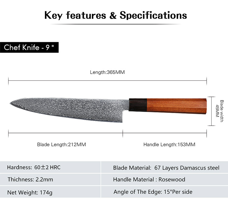 High Carbon Damascus Japanese Gyuto Knife with Rosewood Handle