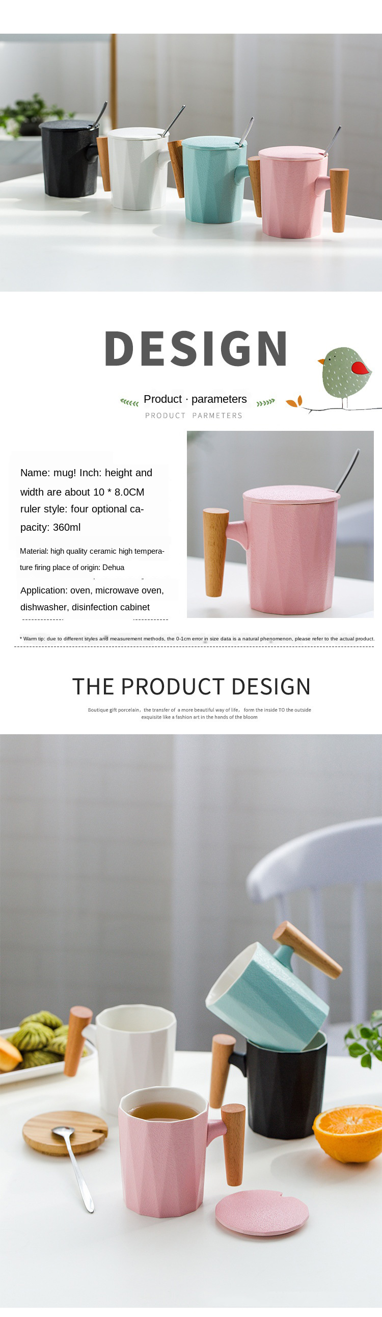 New Style Polygon Ceramic Coffee Mug With Wooden Handle And Lid beverage Cup For Drinking
