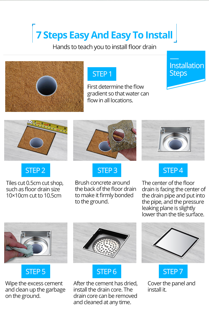 4 Inch Anti cockroach trap bathroom Square Shower Quadrate Floor Drain with Drain Base Flange For Bathroom Tile Insert Cover