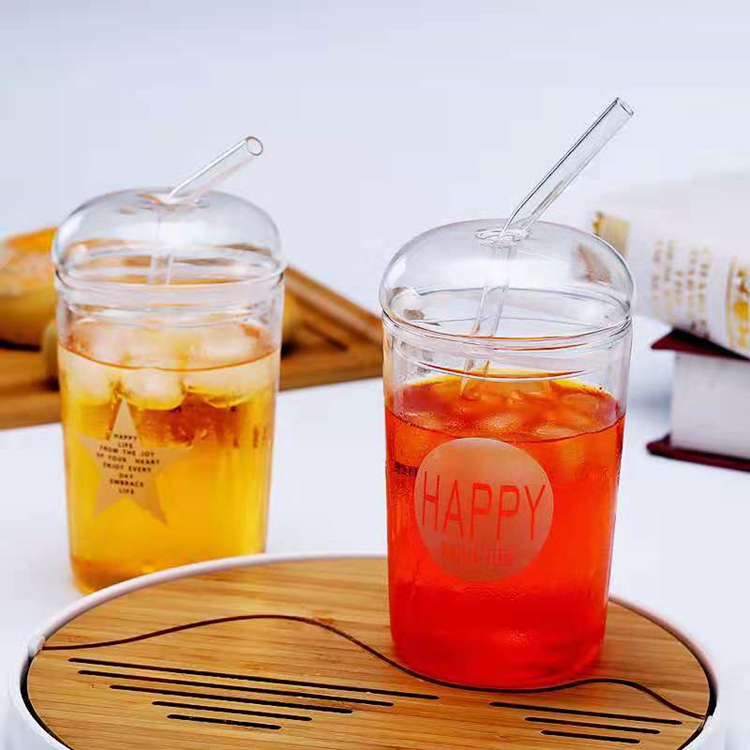 Clear Glass Cup With Drinking Straw Heat Resistant High Borosilicate