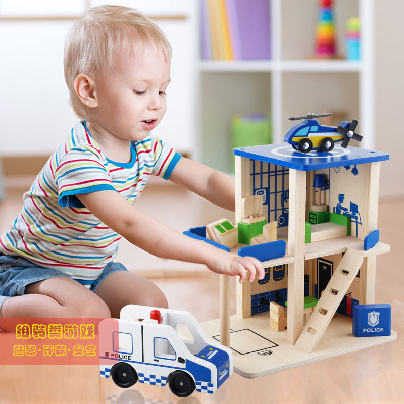 Kids Wooden Role Play Toys Simulation DIY Wooden Police Station Fire Station Toys Wooden Toys for1 2 3 years old kids