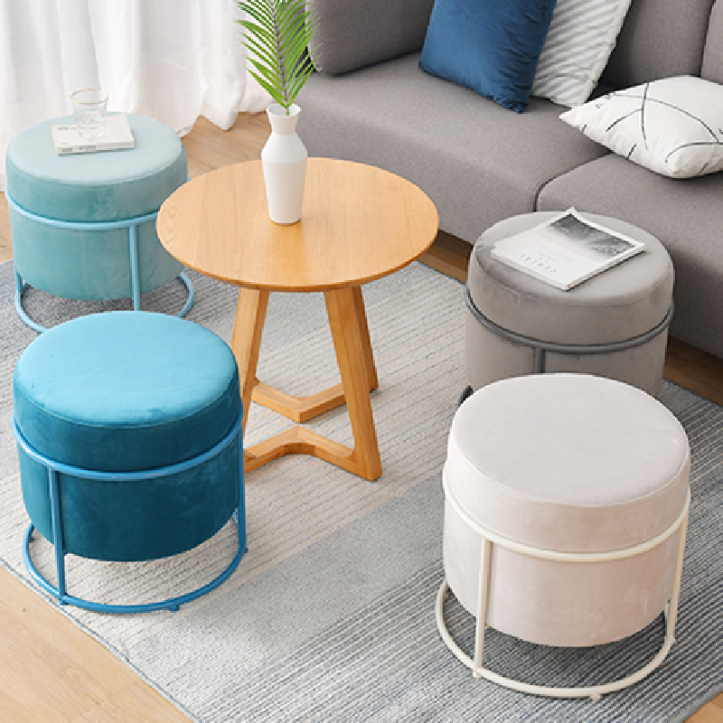 Modern Round Velvet Upholstered Ottoman Stool With Powder Coated Metal Base in Matching Color