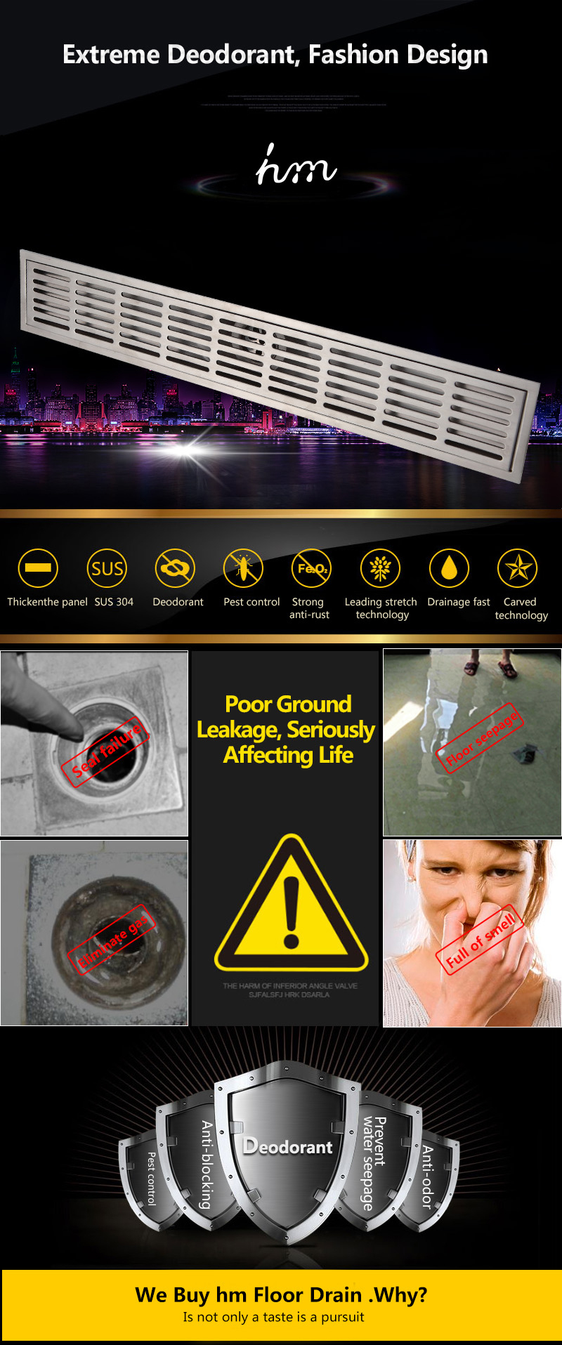 OEM ODM stainless steel bathroom balcony drainage automatic airtight floor drain line shower rectangular shower drains