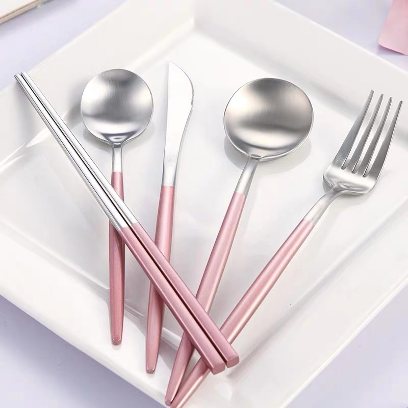 Round handle pink silver ware Matte Flatware set Hotel Restaurant Party Hot Selling Amazon
