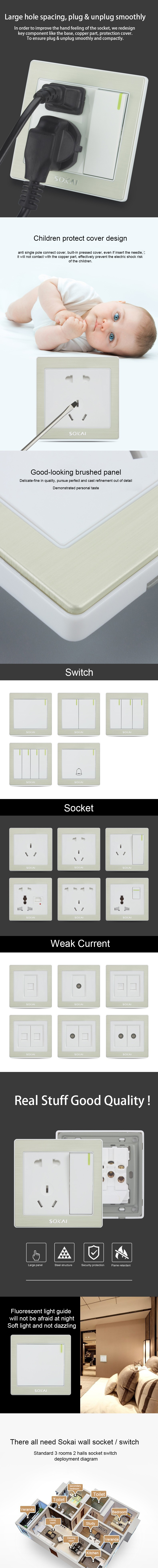 electrical wall switches and sockets 2-gang 250V 10A led wall light push switch with plug socket