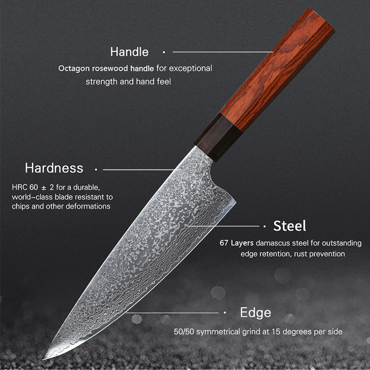 High Carbon Damascus Chef Knife with Rosewood Handle