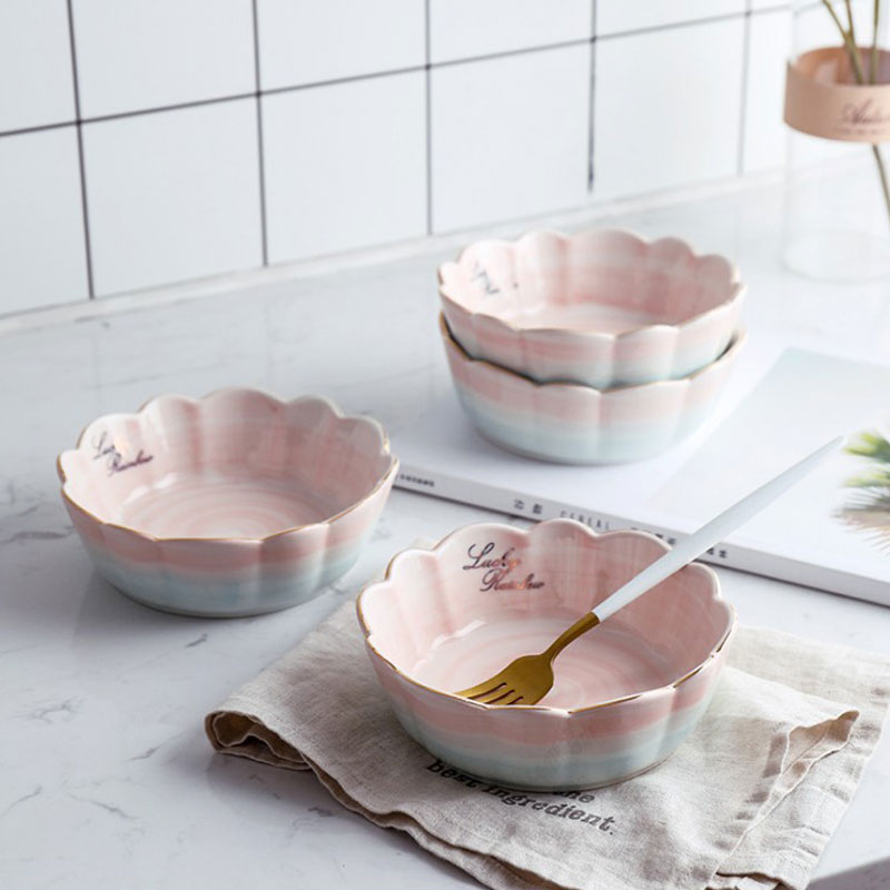 Household Deep Dish Pink Flower Shape Ceramic Soup Rice Salad Fruit Bowl