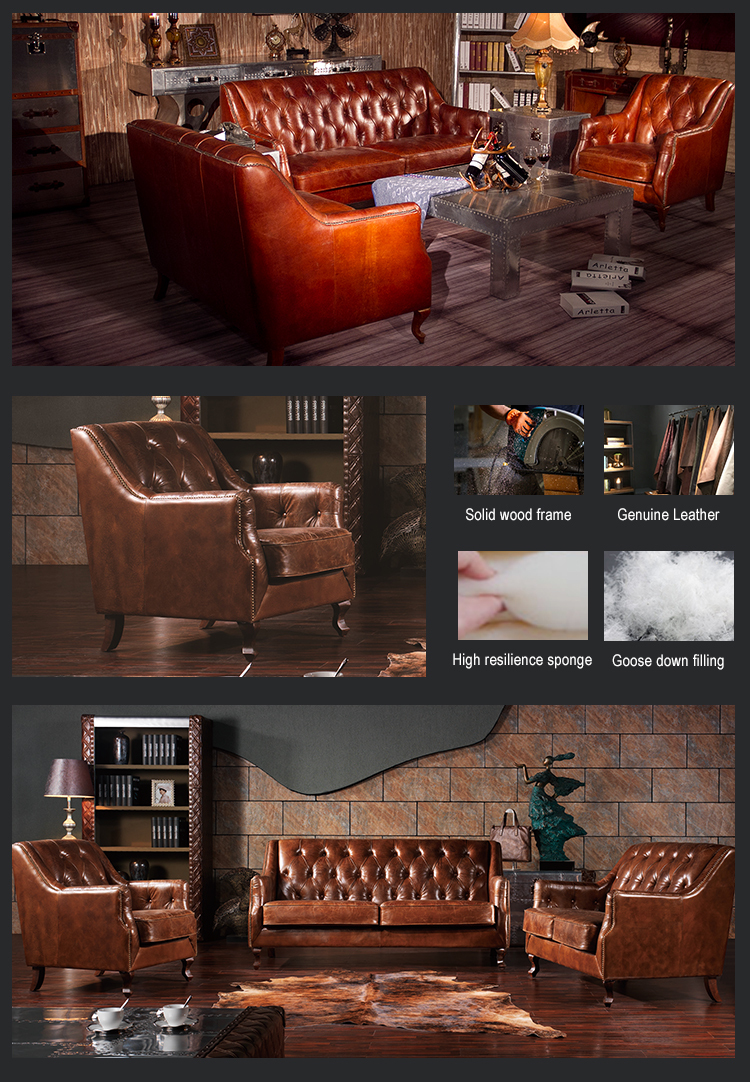 American Retro vintage chesterfield sofa tufted buttons back genuine leather sofa set 123 for living room hotel clubs and office