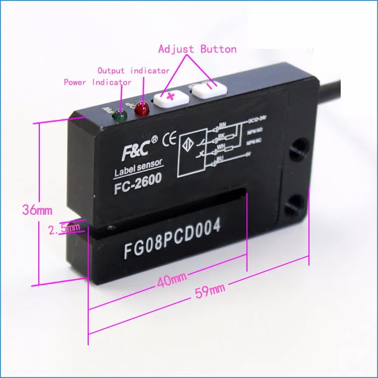 24VDC NPN NO.NC 4 Wires Push-Button Fork Optical Label Sensor