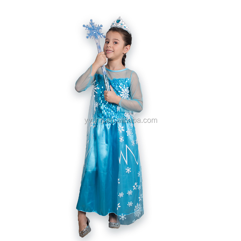 Christmas Children Elsa Bella Princess Dress Cosplay Costume Blue Gradient Big Snowflake Girls Dresses