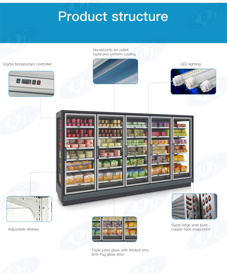 Supermarket commercial freezer air cooling system upright display freezer