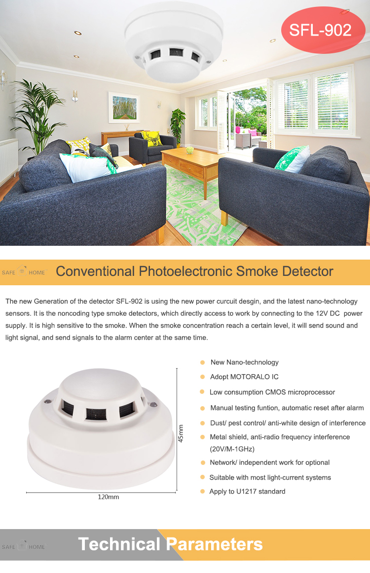 10 Year 12 Volt 4 Wire Wired Mini Optical Smoke Detector Fire Alarm with Relay Output For Hotel