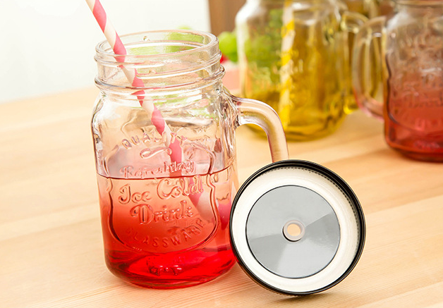 Haonai glass jar with handle and metal lid,drinking whisky/juice/mason jar beer mug