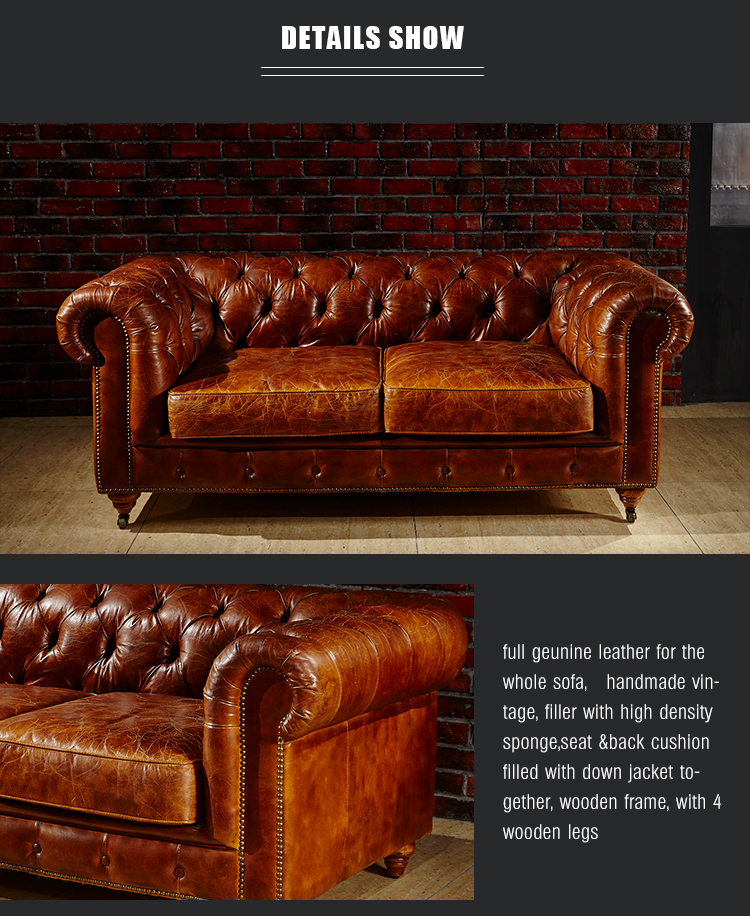 Professional standard vintage genuine leather chesterfield sofa tan leather couch love seat sofa America style sofa
