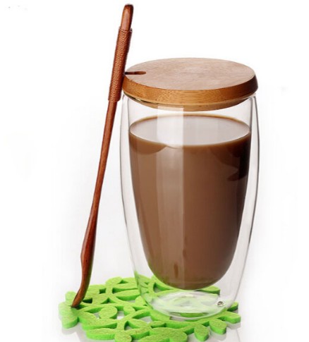 250ml 350ml 450ml Insulated Double Wall Borosilicate Glass Coffee Cup with bamboo lid