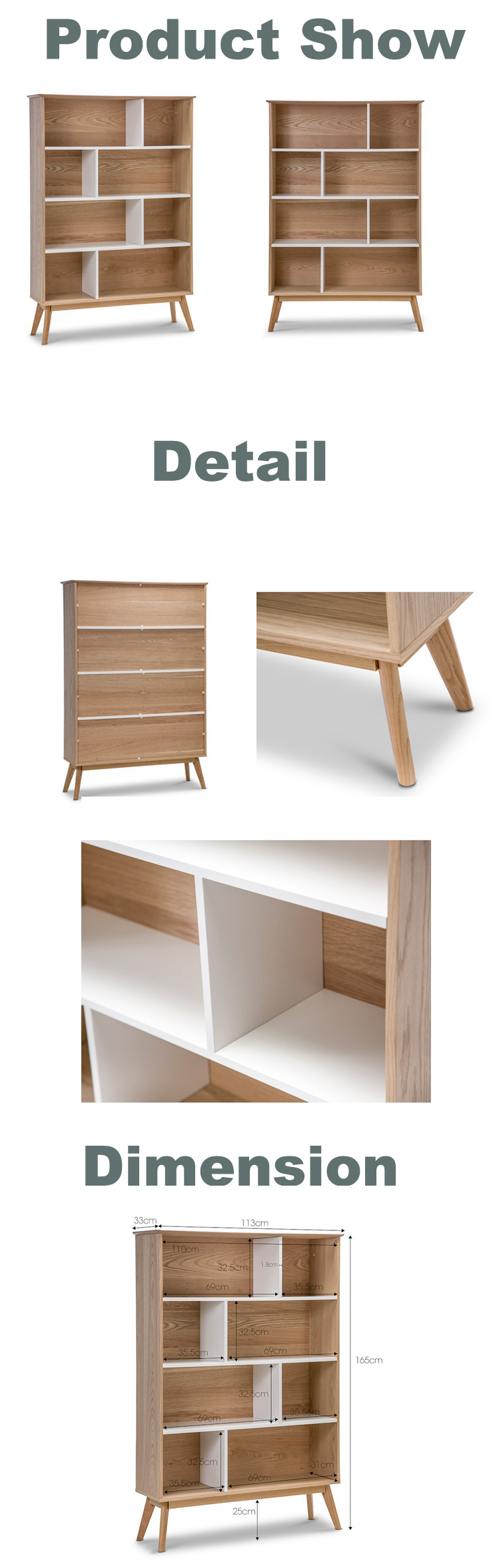 Top quality elegant modern new design home furniture double color Oak Veneer White Shelf Bookshelf from China maker