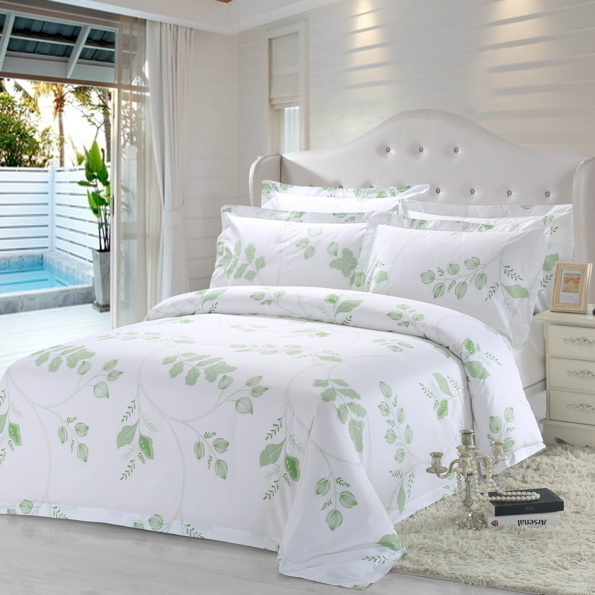 Luxury White linen 7 Piece Duvet Set, Silky Soft hotel Quality Long-Staple Sateen Cotton bedding set- Printed Percale Sheet Set