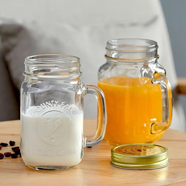 Haonai glass jar with handle and metal lid,drinking whisky/juice/mason jar beer mug