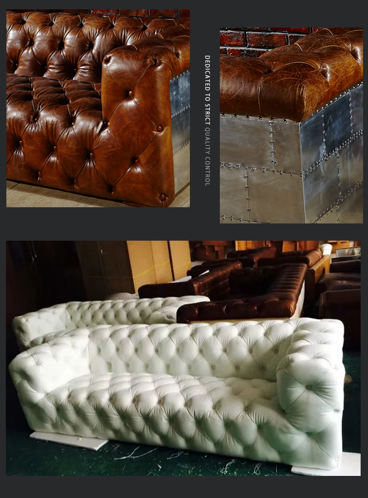Foshan Factory industrial aviation style sofa Aluminium chesterfield genuine leather sofa antique aviator furniture