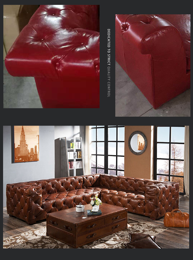 hotel furniture chesterfield sofa set vintage genuine leather L shape sectional sofa living room corner sofa set