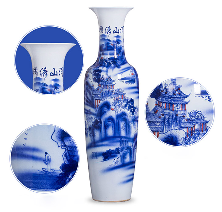 Hot sale delicate chinoiserie hand painted ceramic vases oversized porcelain blue and white floor vase