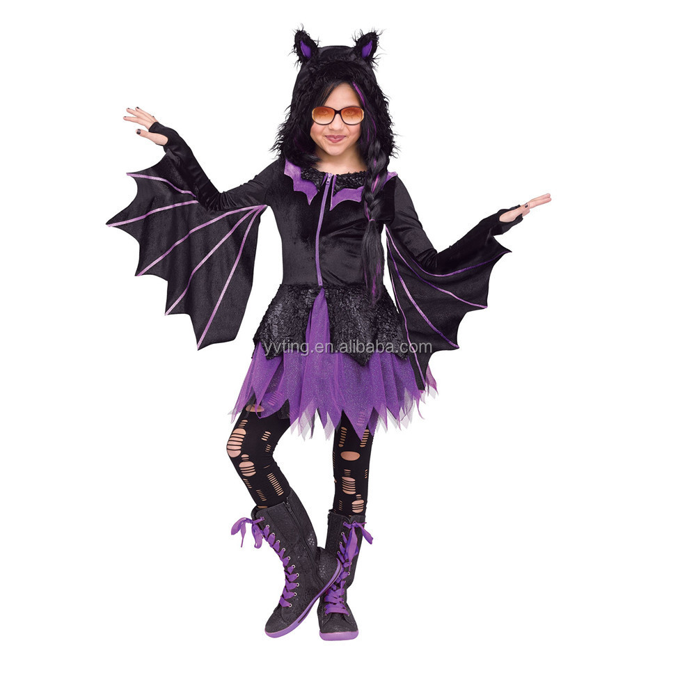 Cosplay Costume Children Black Purple Comfortable Hooded Bat Zipper Dress