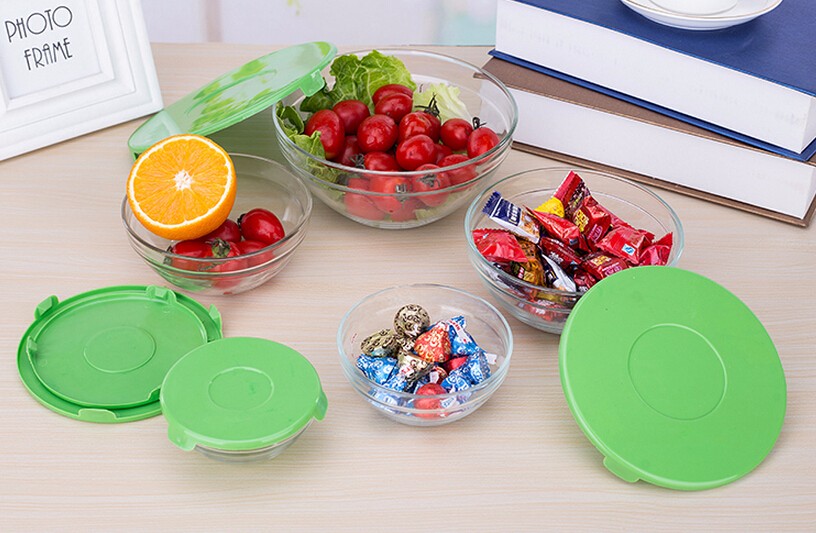 Haonai wholesale bulk good quality 5pcs glass bowl set,glass bowl with lid