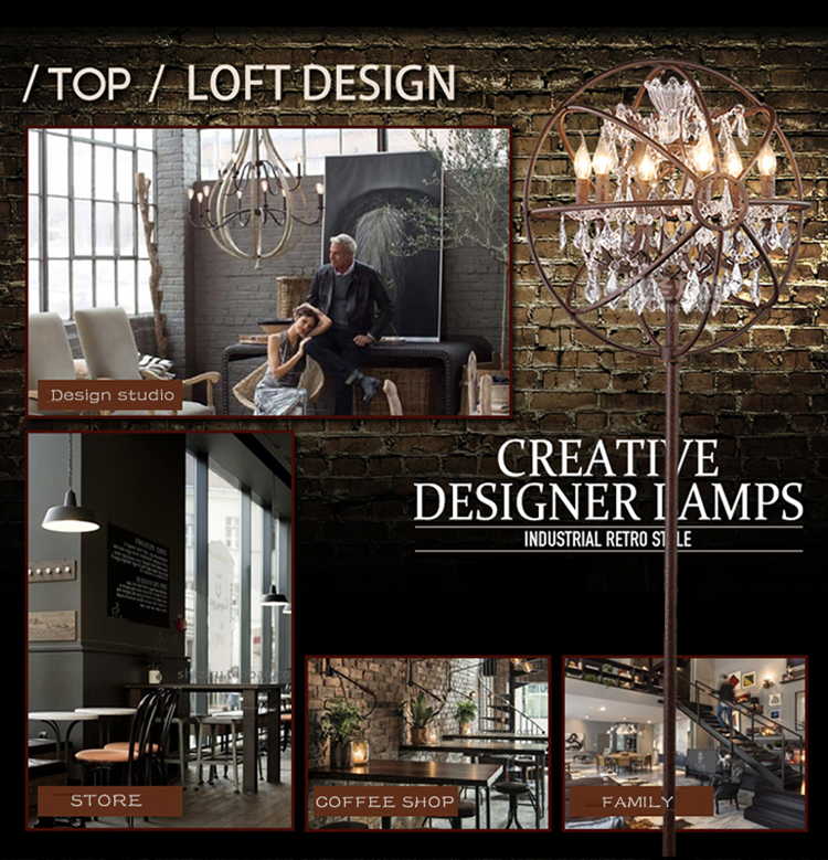 Online customization elegant Retro type iron floor lamp and crystal floor lamp for coffee shop restaurant clothing shop