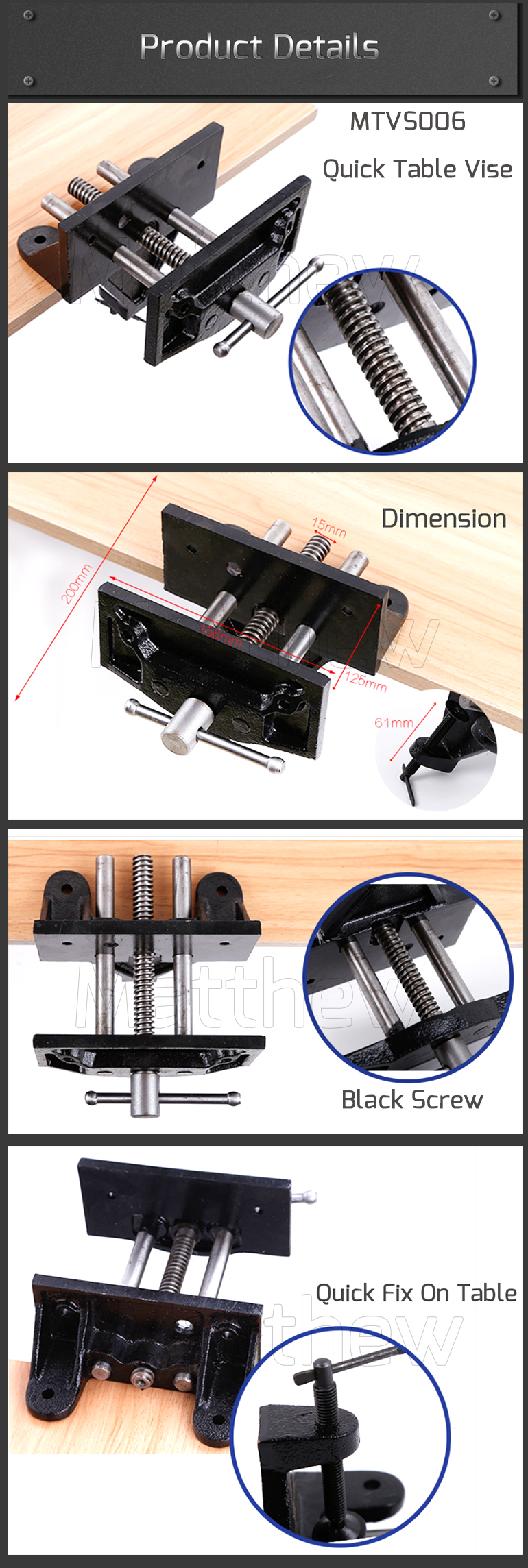 Quick Mounting Cast Iron Woodworking Vise with Toe-in toward top jaws