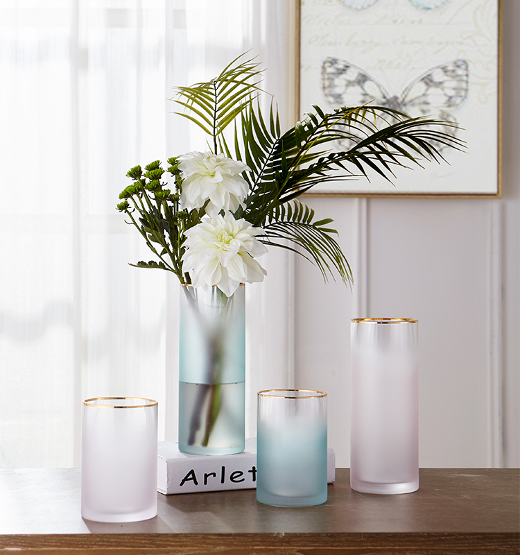 Bixuan Vases Candleholders Frosted Translucent Cylinder Glass Flower Vases Gold Rim Decor Pink Wedding Table Centerpieces 9.8''H