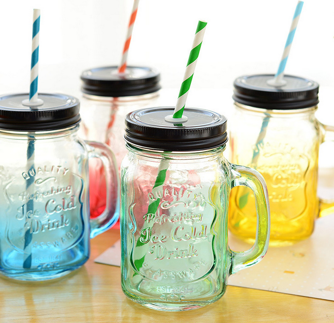 Custom Wide Mouth Glass Mason Jar With Handle Straw Storage Jar