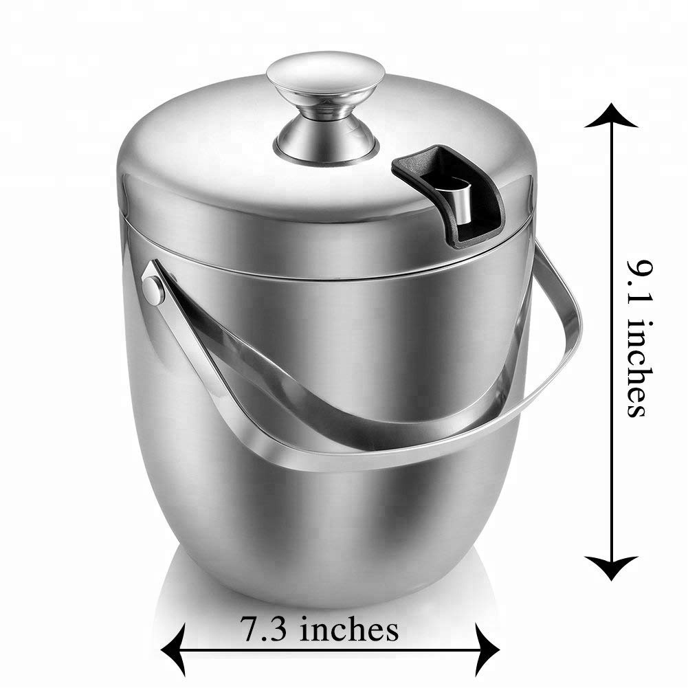 Ice Bucket,Stainless Steel Double Wall Ice Bucket with Tongs,2.8-Litre,Silver