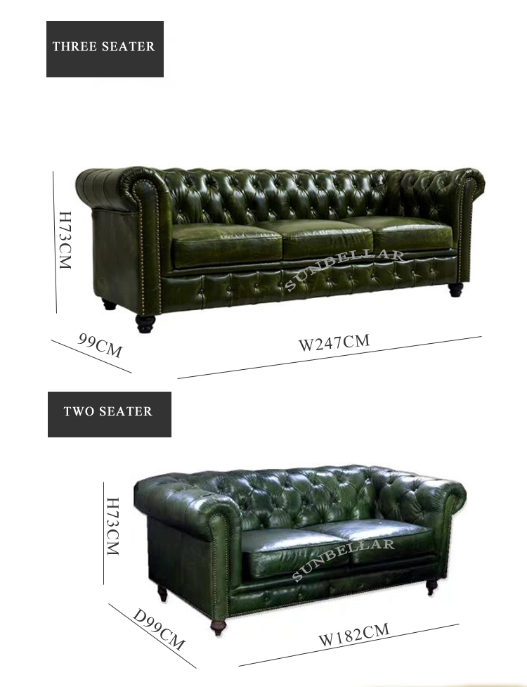customized hotel sofa top grain leather chesterfield sofa set luxury living room sofa button tufted leather vintage green