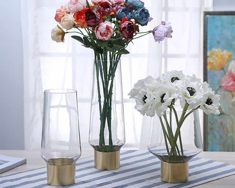 Bixuan Vases Clear Glass Flower Arrangement Vases Brass Gold Band Decor Dining Table Wedding Centerpieces, 7.9'' H x 4.9'' D