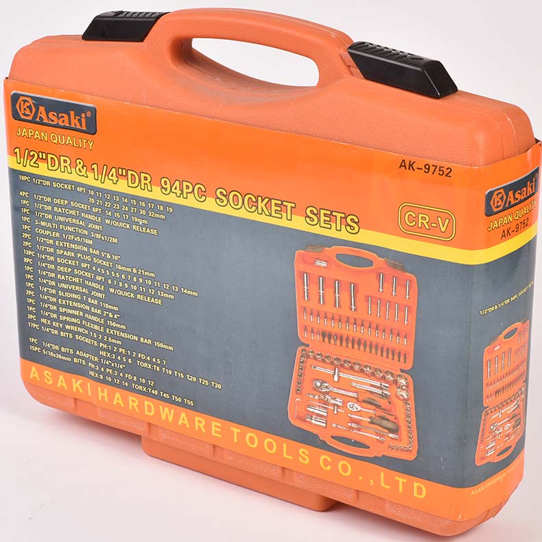 Asaki 94pcs Industrial Grade Cr-V 1/4'' Dr Socket And Wrench Set