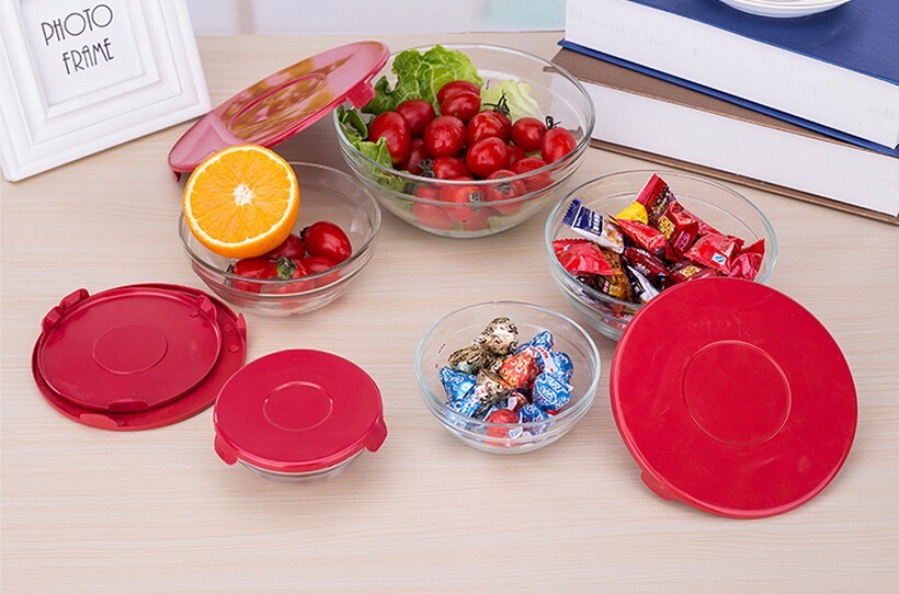 Haonai wholesale bulk good quality 5pcs glass bowl set,glass bowl with lid