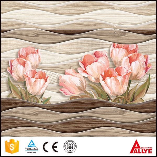 Fujian 3D glass tile printing, wave and pink flower patterns ceramic tiles front wall for bathroom or kitchen room