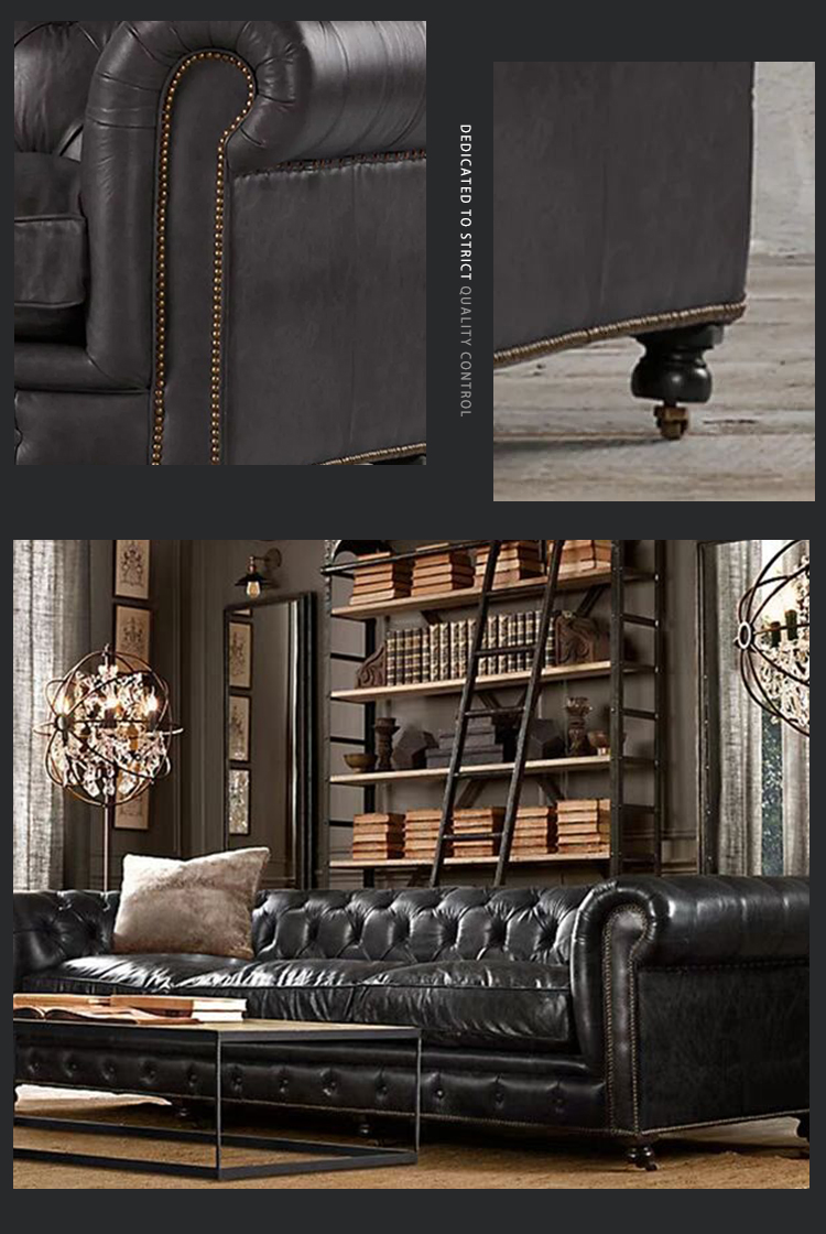 Foshan factory black leather chesterfield sofa love seat tufted back style upholstery home furniture
