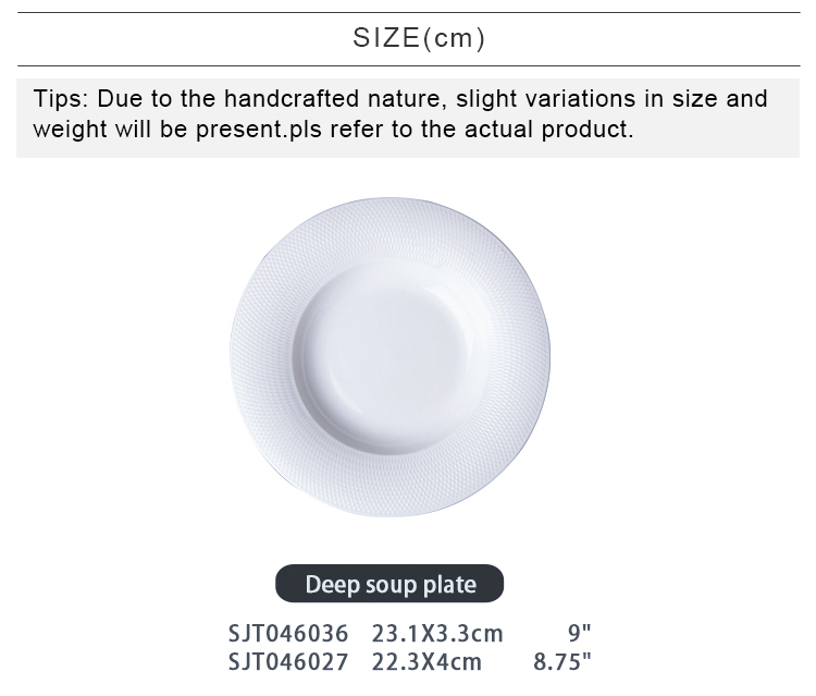 22cm 23.3cm White Deep Ceramic Soup plate For Restaurant