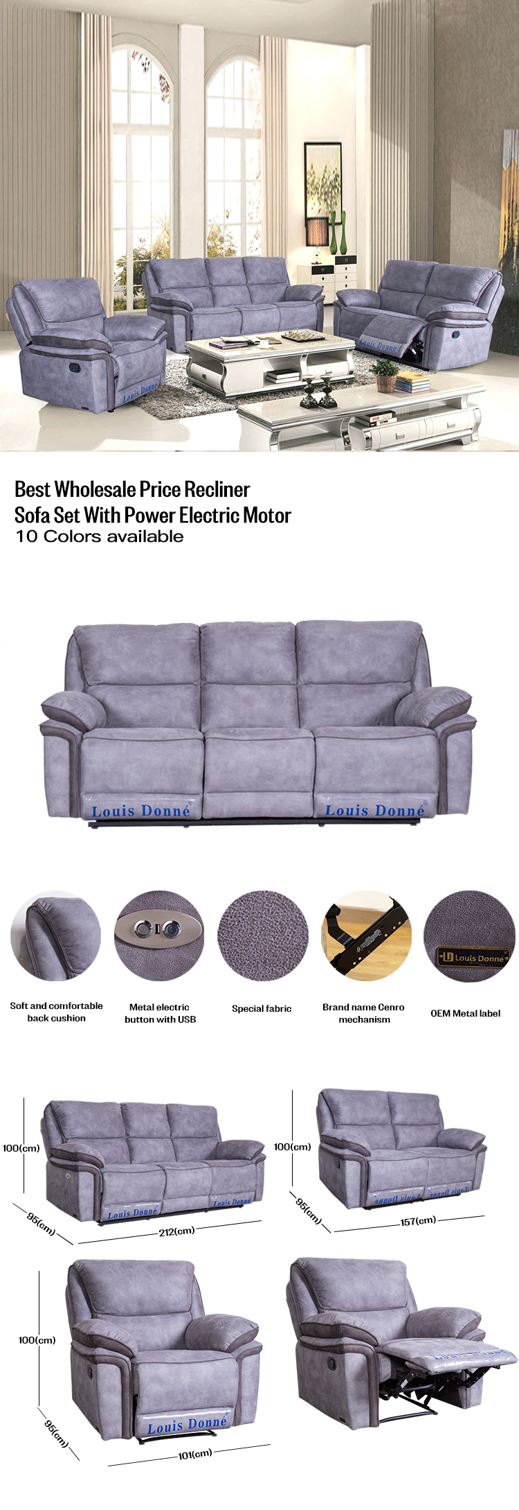 wholesale high grey reclining sofa electric three protection technology cloth fabric recliner sofa set 3+2+1 for living room